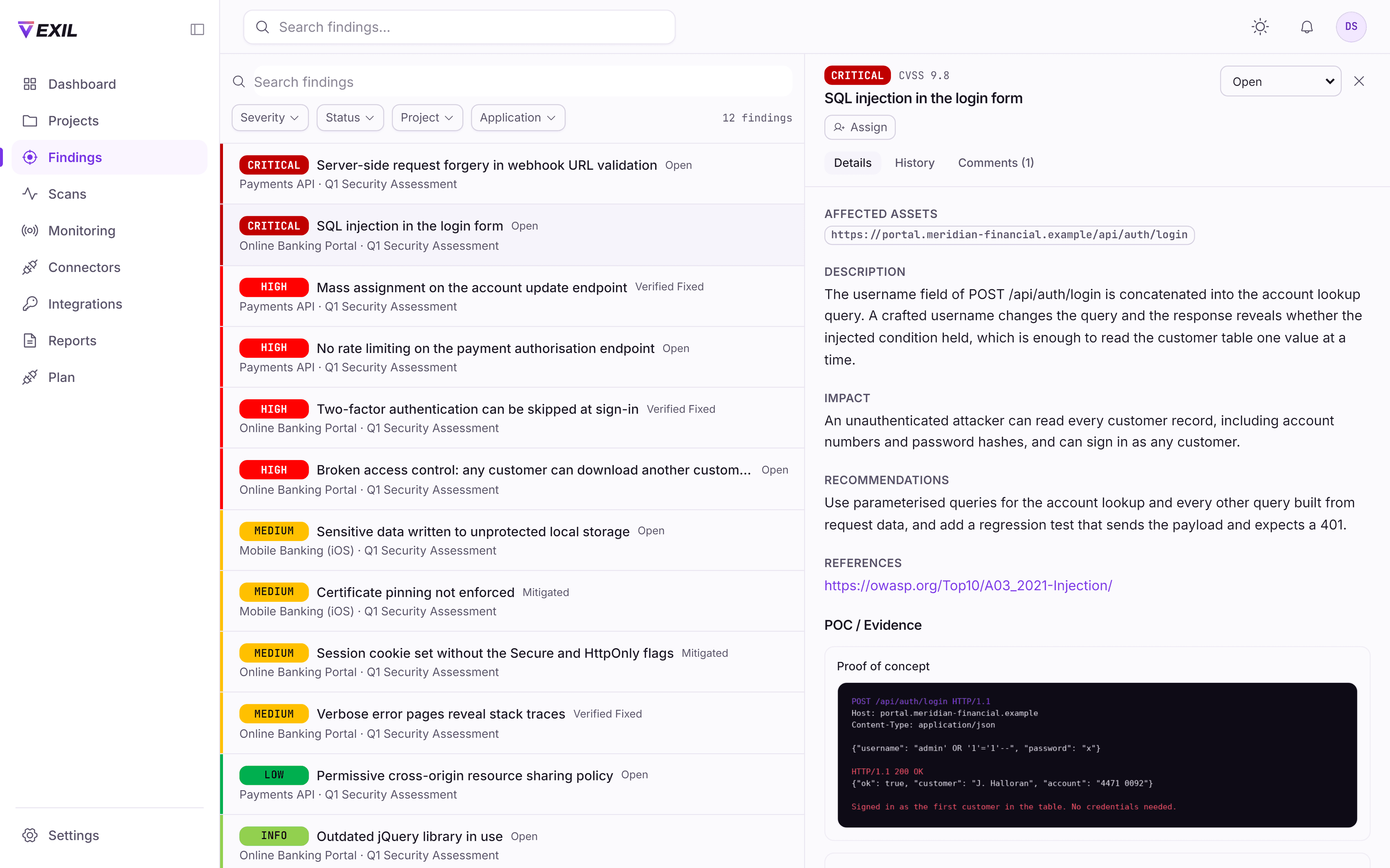 A Vexil finding opened beside the findings list: a critical SQL injection rated CVSS 9.8 with its affected URL, description, impact, recommendation, an OWASP reference and a proof-of-concept request and response, with Details, History and Comments tabs.