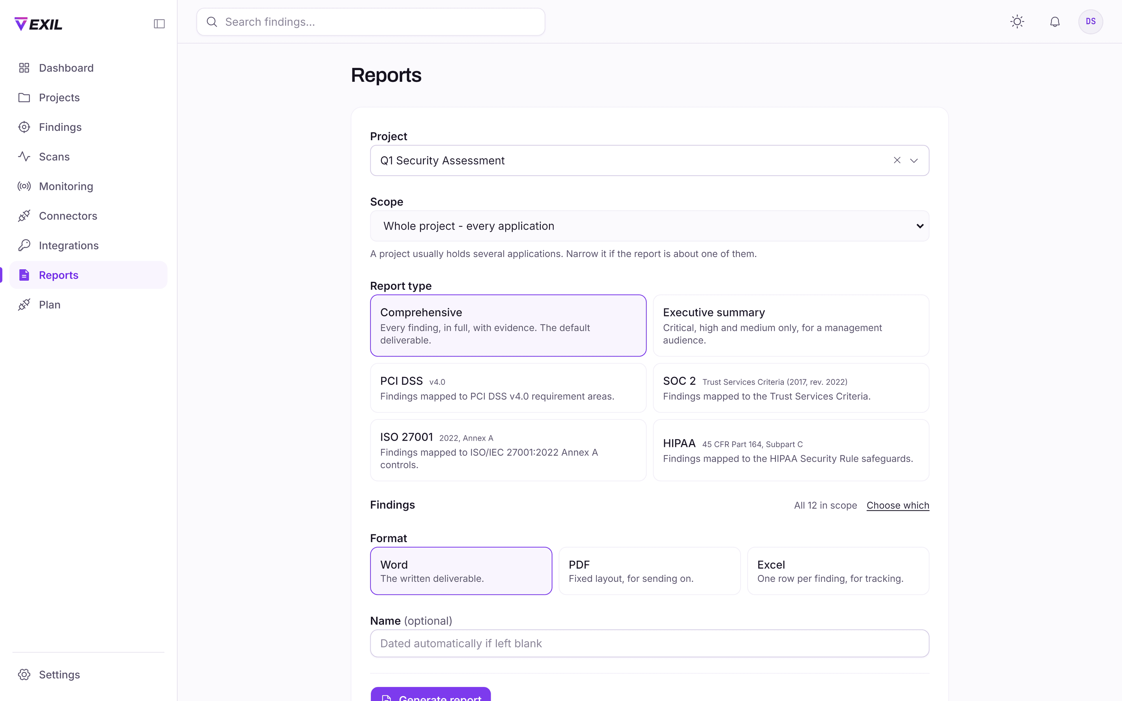 The Vexil report generator: a project and scope picker, six report types (Comprehensive, Executive summary, PCI DSS, SOC 2, ISO 27001 and HIPAA), a finding selector, and a choice of Word, PDF or Excel.