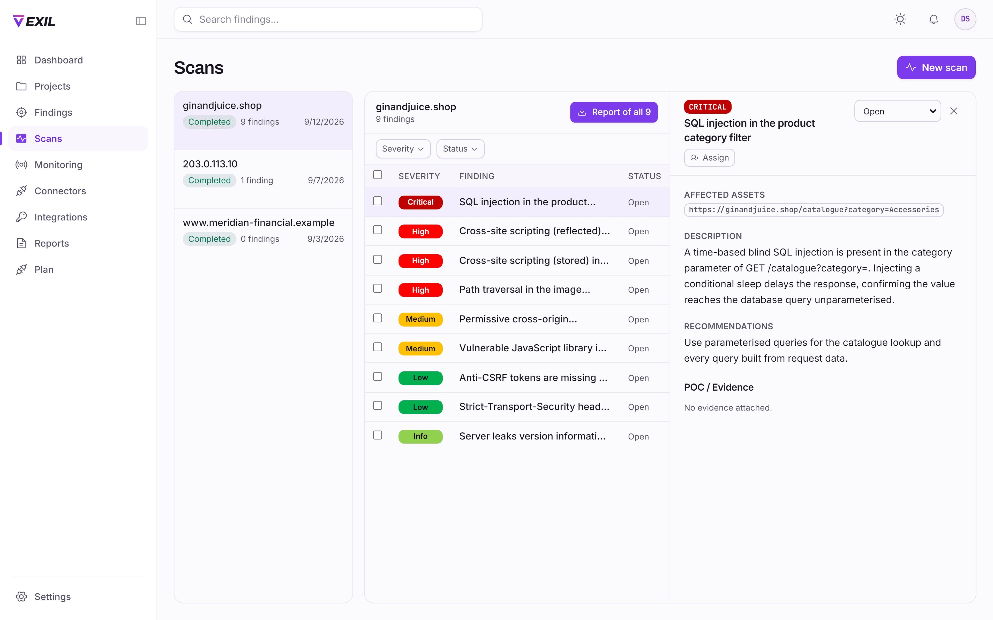 The Vexil scans page: three completed scans listed by target and date, the findings of the selected scan shown by severity beside them, and one finding open in a detail pane with its affected asset, description and recommendation.
